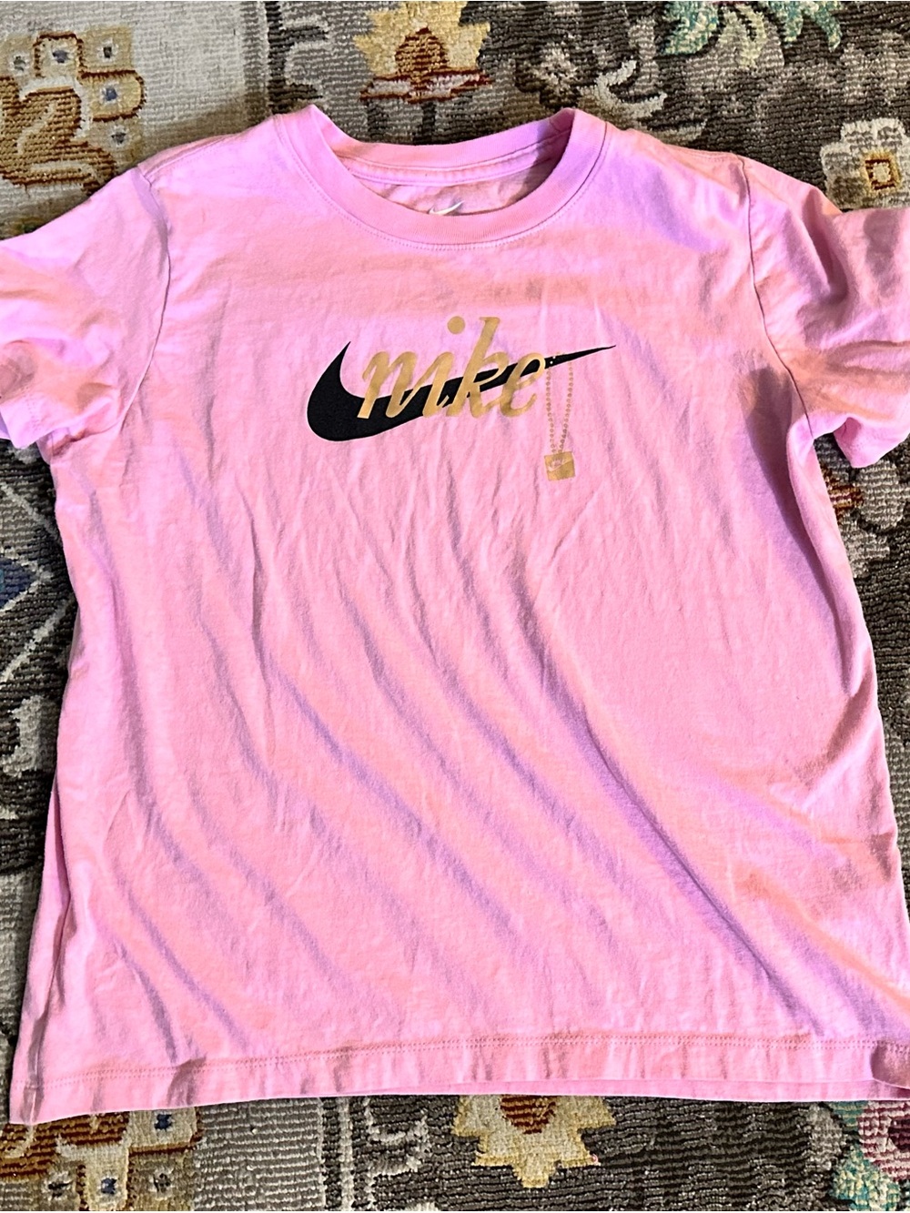 Nike Girls XL Pink Graphic Tee Shirt Gold Chain Script Swoosh Logo Top